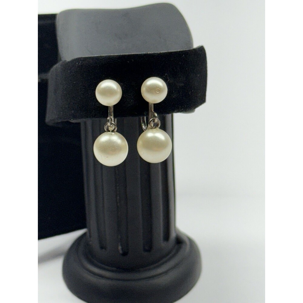 Faux Pearl Drop Earrings Screw Back Silver Tone Double Pearl 1” Dangle Vintage
